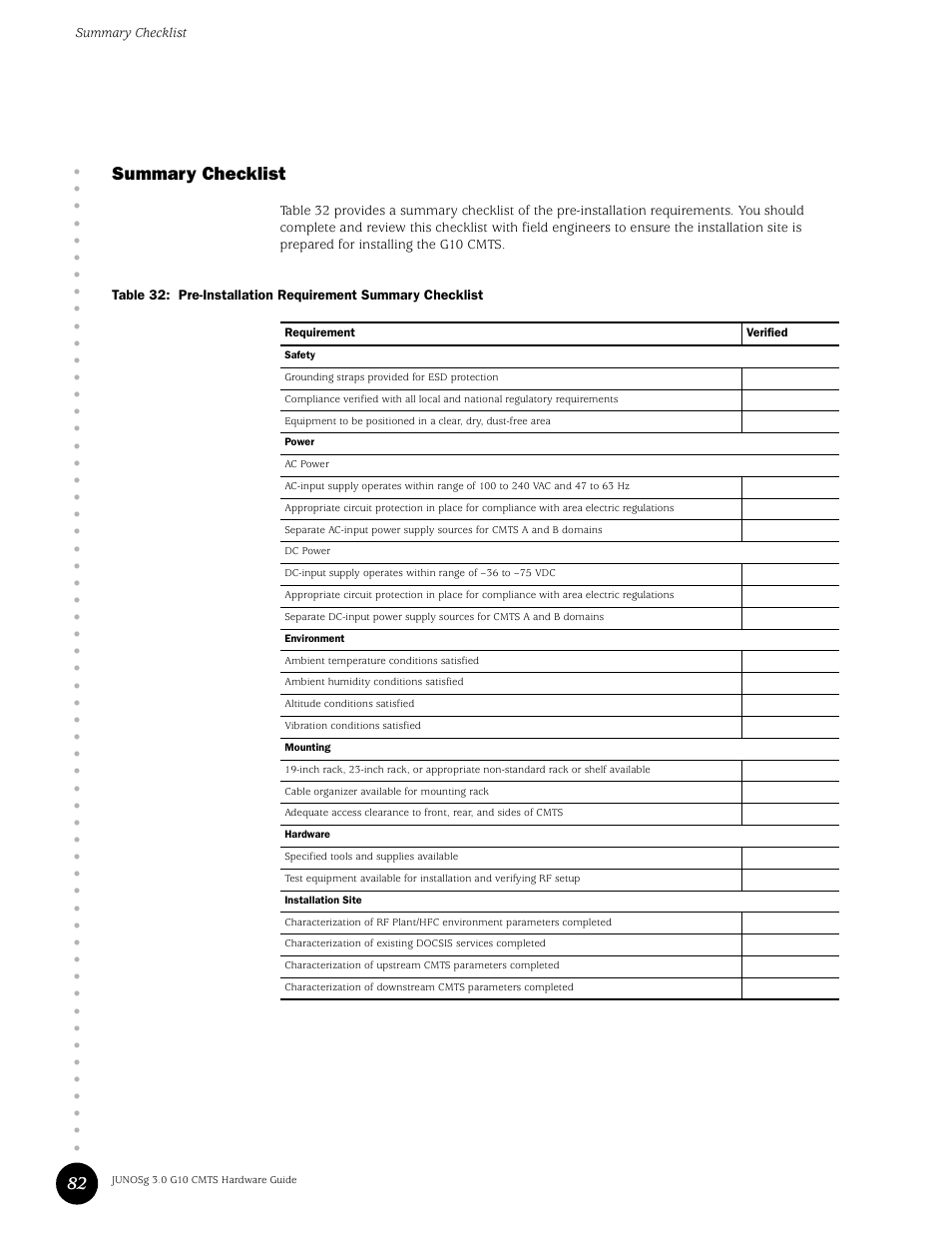 Summary checklist, Table 32, Pre-installation requirement summary checklist | 82 summary checklist | Juniper Networks G10 CMTS User Manual | Page 98 / 210