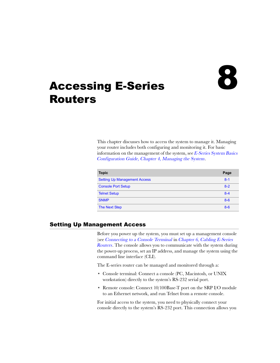 Accessing e-series routers, Setting up management access, Chapter 8 | Setting up management access -1, Chapter 8, accessing e-series, Routers | Juniper Networks E-Series User Manual | Page 101 / 242