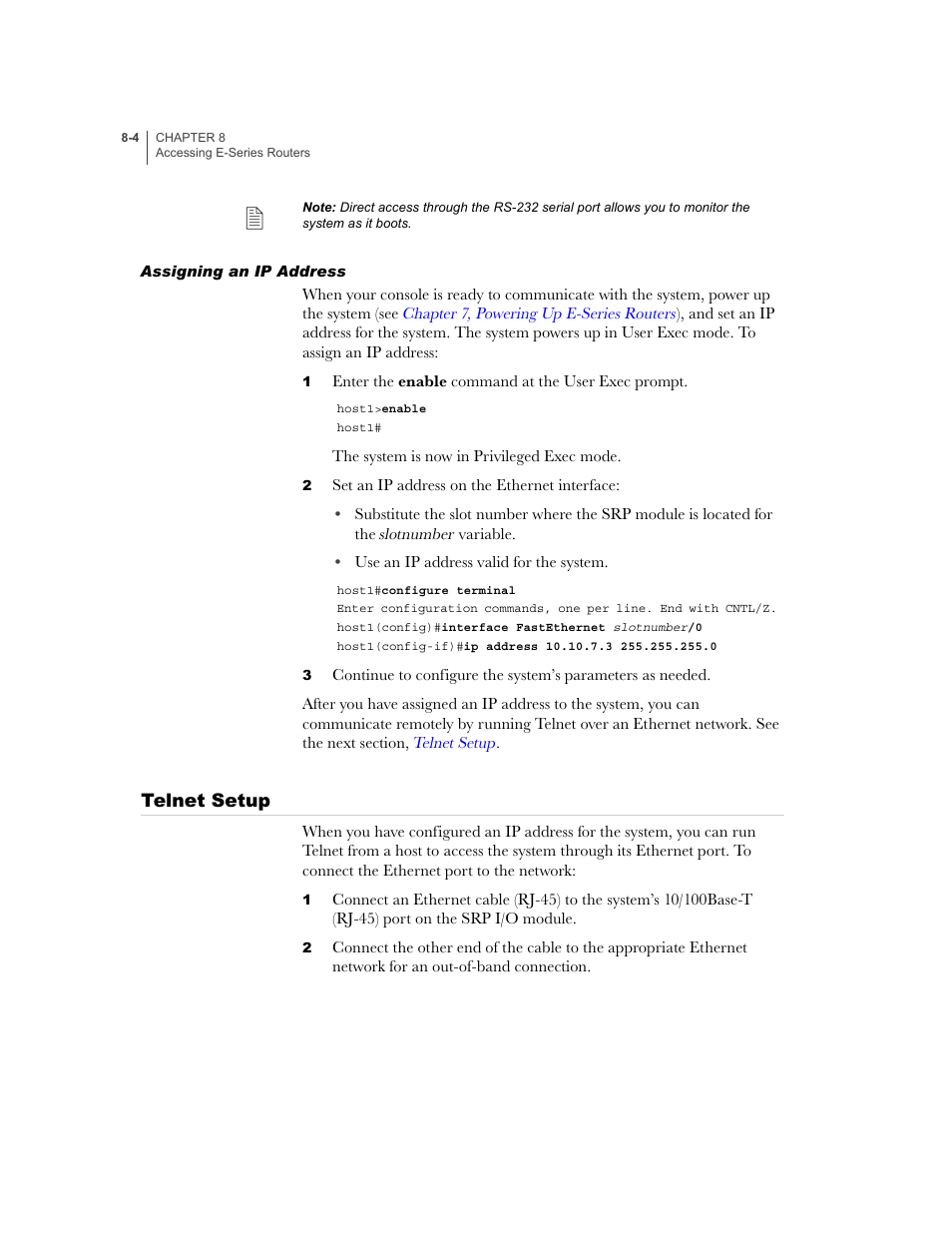 Assigning an ip address, Telnet setup, Assigning an ip address -4 | Telnet setup -4 | Juniper Networks E-Series User Manual | Page 104 / 242