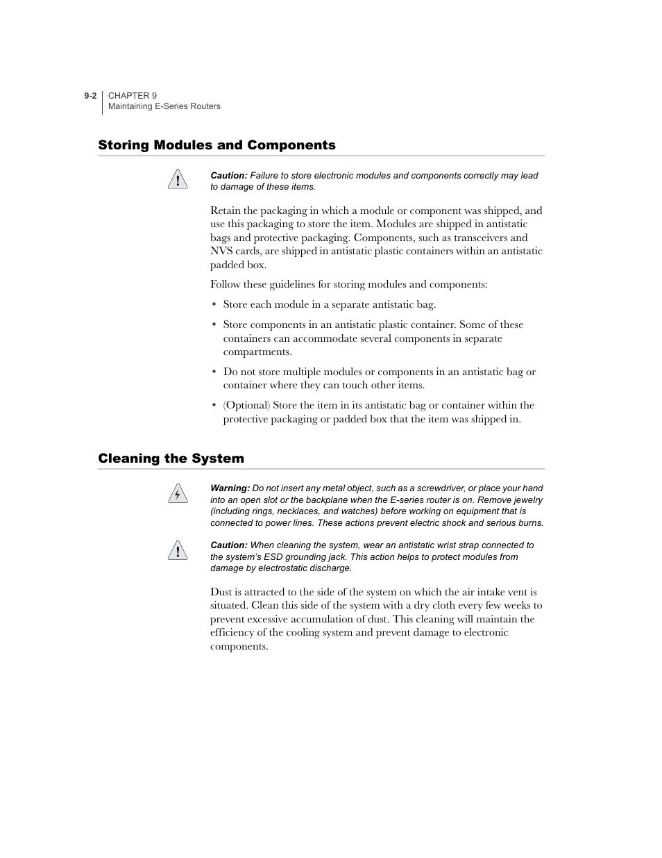 Storing modules and components, Cleaning the system | Juniper Networks E-Series User Manual | Page 108 / 242