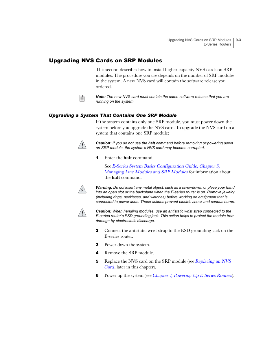 Upgrading nvs cards on srp modules, Upgrading a system that contains one srp module, Upgrading nvs cards on srp modules -3 | Upgrading a system that contains one srp module -3 | Juniper Networks E-Series User Manual | Page 109 / 242