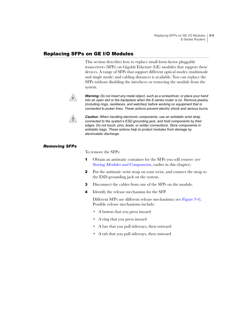 Replacing sfps on ge i/o modules, Removing sfps, Replacing sfps on ge i/o modules -9 | Removing sfps -9 | Juniper Networks E-Series User Manual | Page 115 / 242