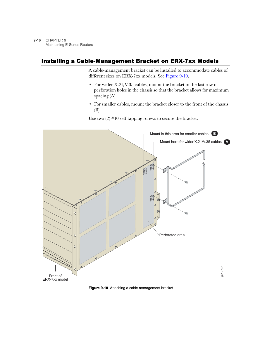Installing a, Cable-management bracket on erx-7xx models | Juniper Networks E-Series User Manual | Page 122 / 242
