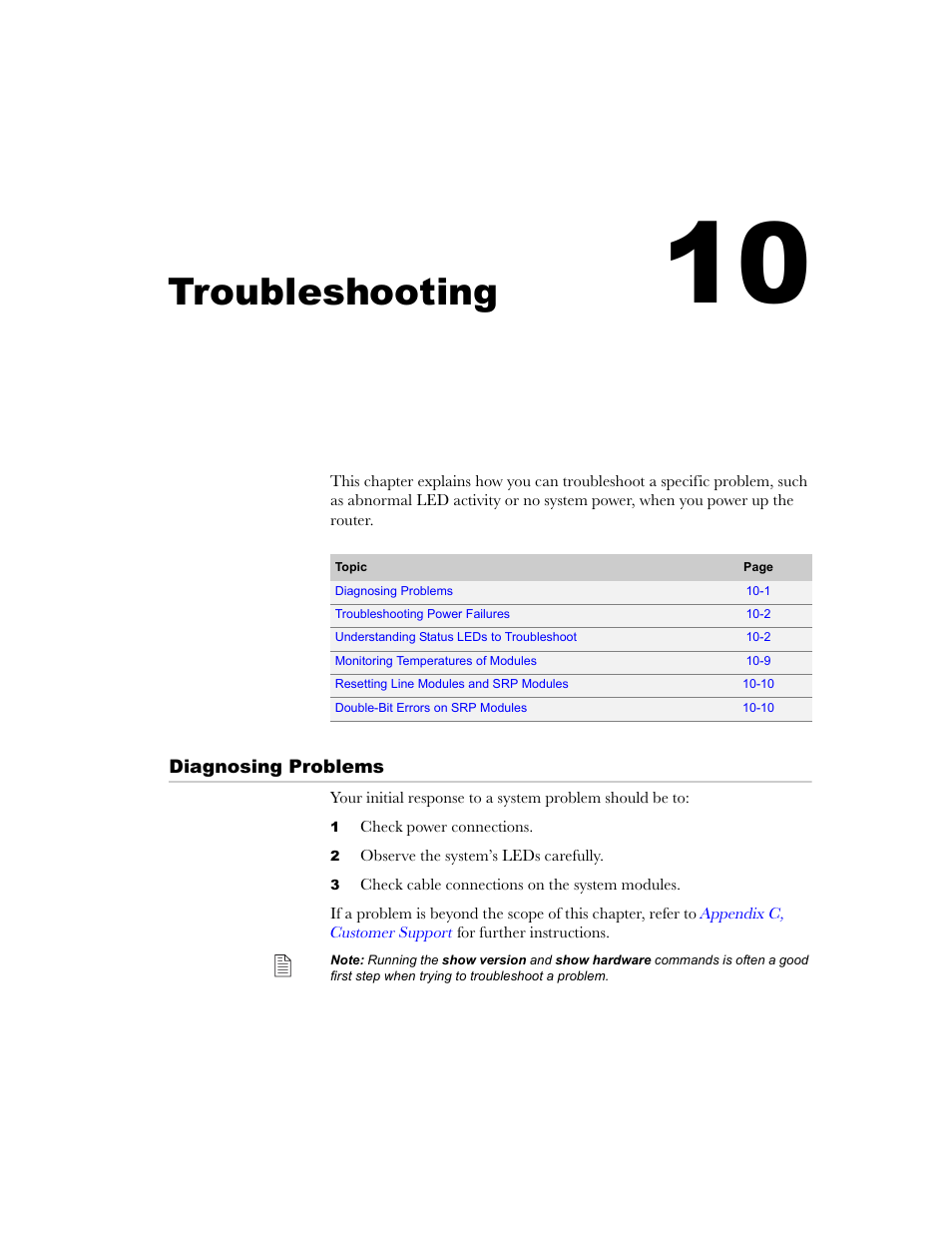 Troubleshooting, Diagnosing problems, Chapter 10 | Diagnosing problems -1, Chapter 10, troubleshooting | Juniper Networks E-Series User Manual | Page 123 / 242