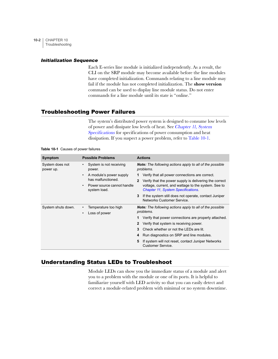 Initialization sequence, Troubleshooting power failures, Understanding status leds to troubleshoot | Initialization sequence -2 | Juniper Networks E-Series User Manual | Page 124 / 242