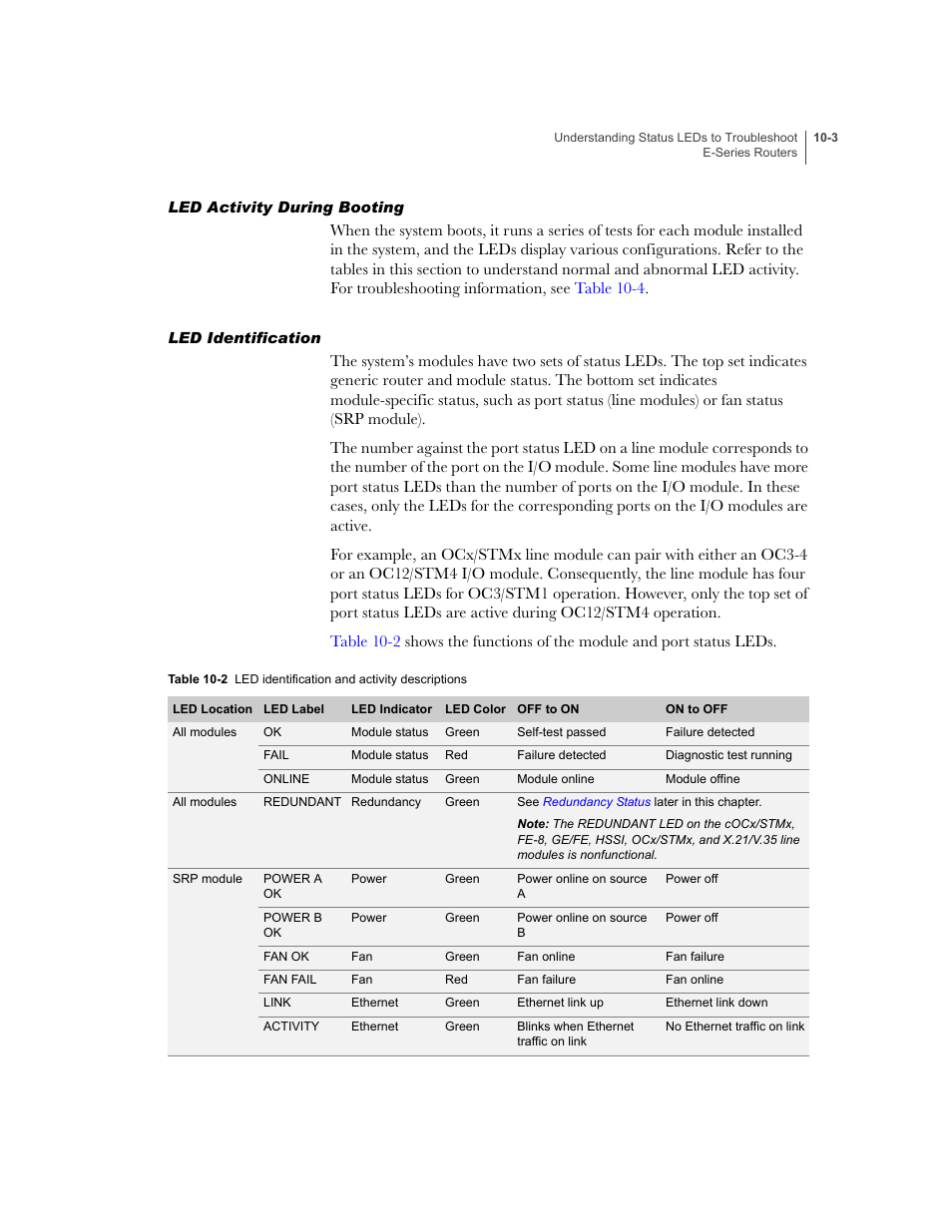 Led activity during booting, Led identification, Table 10-2 | Juniper Networks E-Series User Manual | Page 125 / 242
