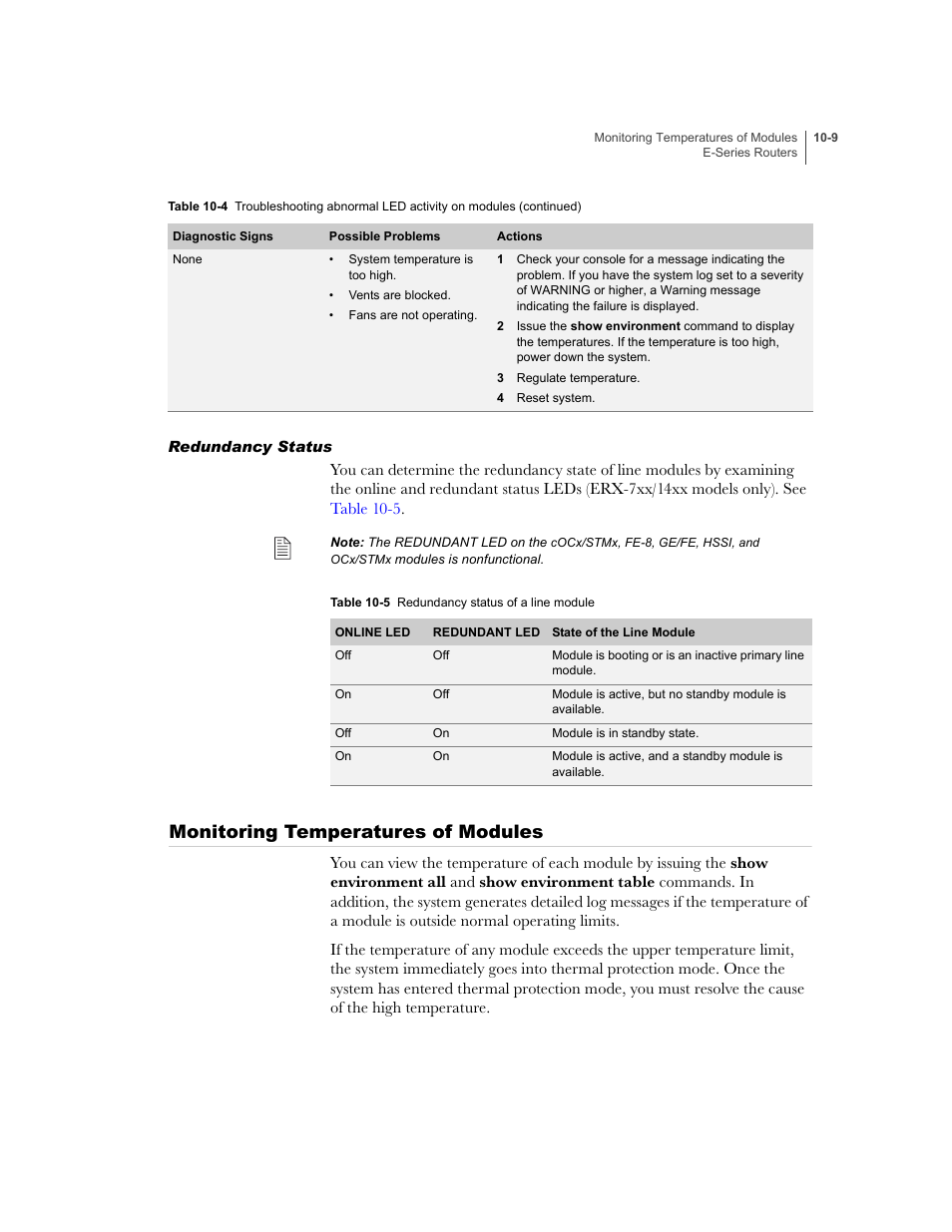 Redundancy status, Monitoring temperatures of modules, Redundancy status -9 | Monitoring temperatures of modules -9 | Juniper Networks E-Series User Manual | Page 131 / 242