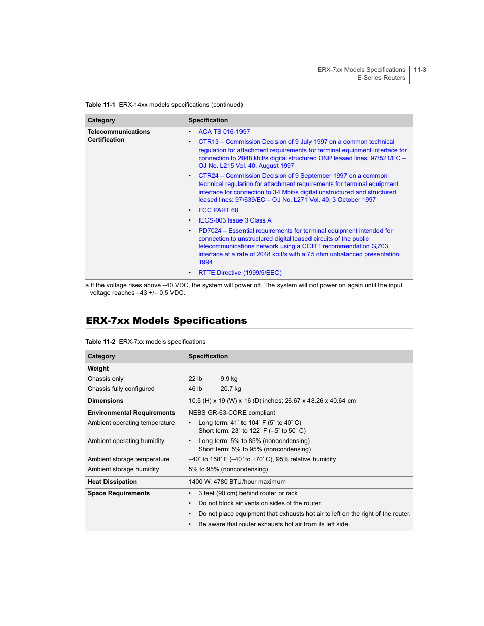 Erx-7xx models specifications, Erx-7xx models specifications -3 | Juniper Networks E-Series User Manual | Page 139 / 242