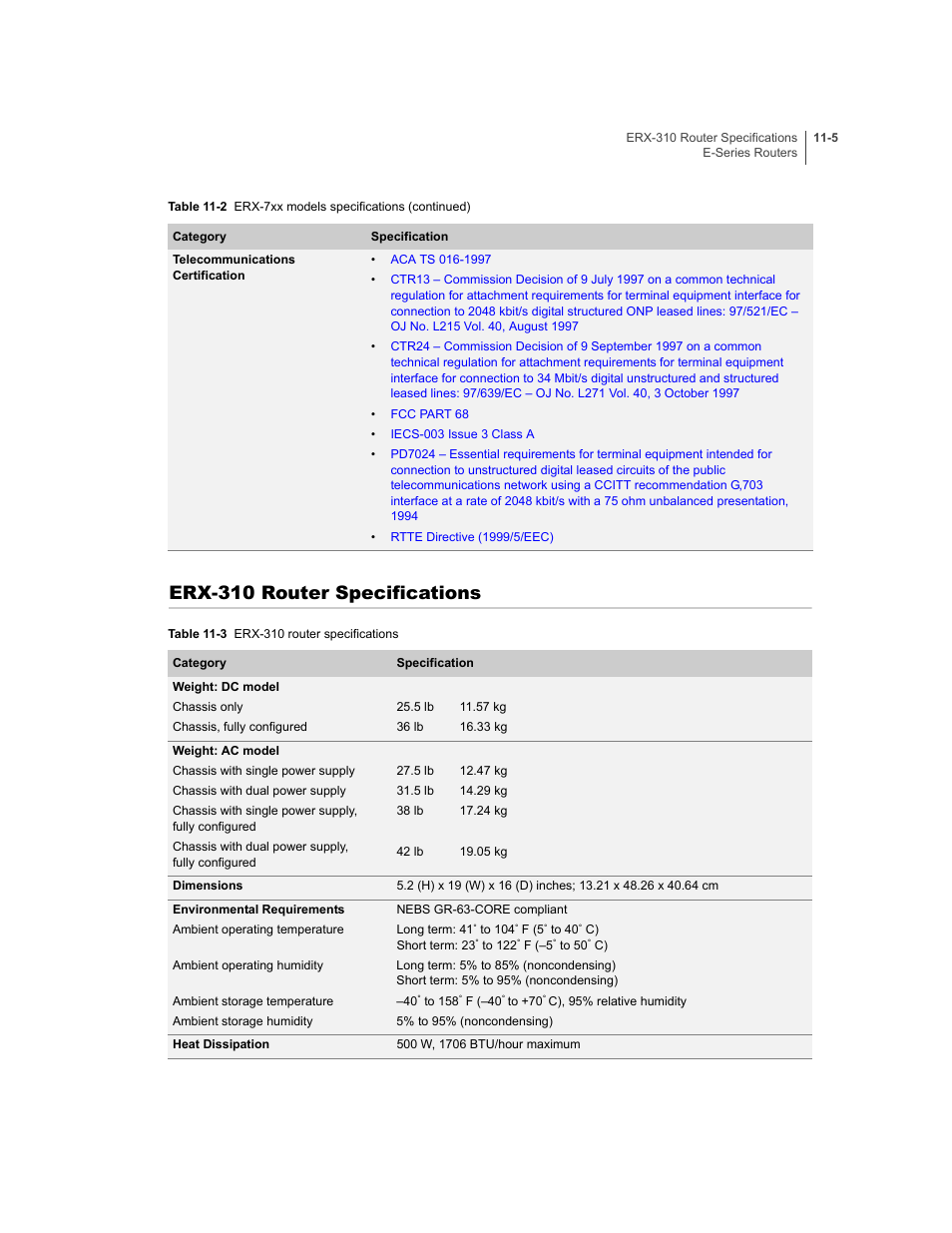 Erx-310 router specifications, Erx-310 router specifications -5 | Juniper Networks E-Series User Manual | Page 141 / 242