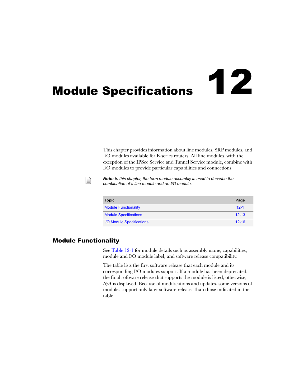 Module specifications, Module functionality, Chapter 12 | Module functionality -1, Chapter 12, module specifications, Chapter 12, module, Specifications | Juniper Networks E-Series User Manual | Page 145 / 242