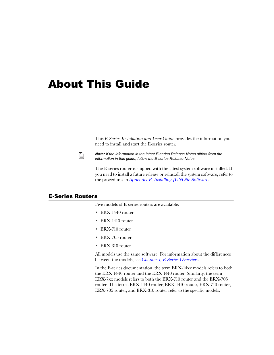 About this guide, E-series routers | Juniper Networks E-Series User Manual | Page 15 / 242