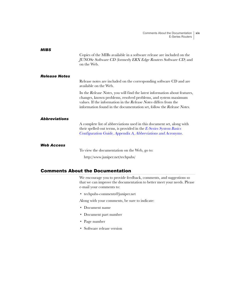 Mibs, Release notes, Abbreviations | Web access, Comments about the documentation | Juniper Networks E-Series User Manual | Page 19 / 242