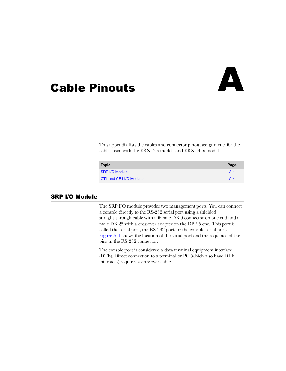 Cable pinouts, Srp i/o module, Appendix a | Juniper Networks E-Series User Manual | Page 205 / 242