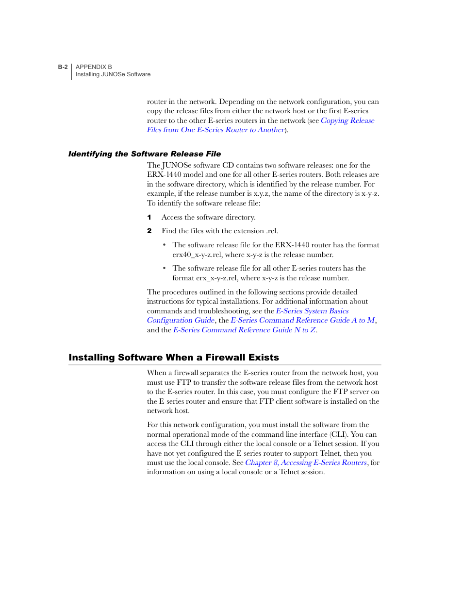 Identifying the software release file, Installing software when a firewall exists, Installing | Software when a firewall exists | Juniper Networks E-Series User Manual | Page 214 / 242