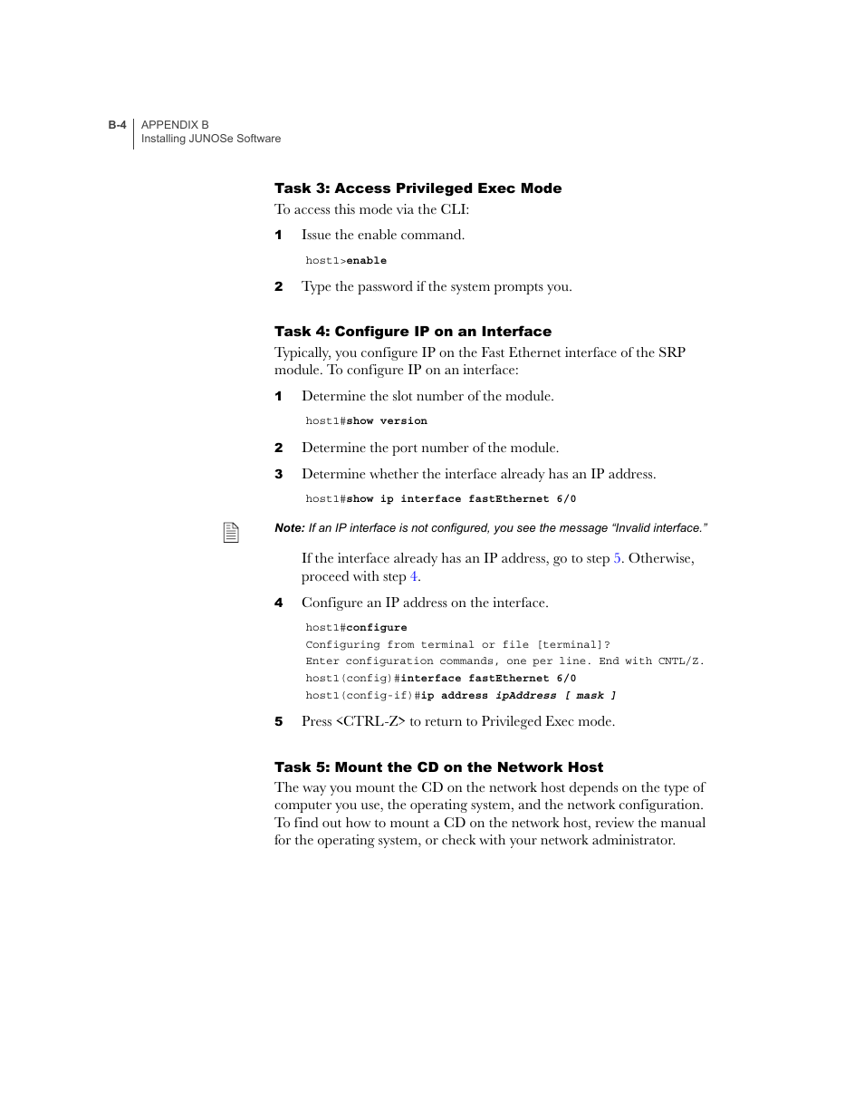 Task 3: access privileged exec mode, Task 4: configure ip on an interface, Task 5: mount the cd on the network host | Juniper Networks E-Series User Manual | Page 216 / 242
