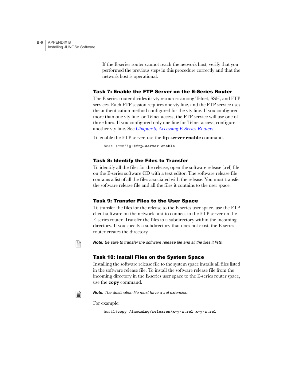Task 8: identify the files to transfer, Task 9: transfer files to the user space, Task 10: install files on the system space | Juniper Networks E-Series User Manual | Page 218 / 242