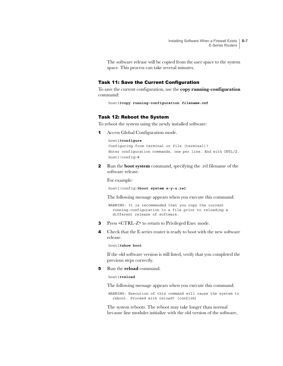 Task 11: save the current configuration, Task 12: reboot the system | Juniper Networks E-Series User Manual | Page 219 / 242