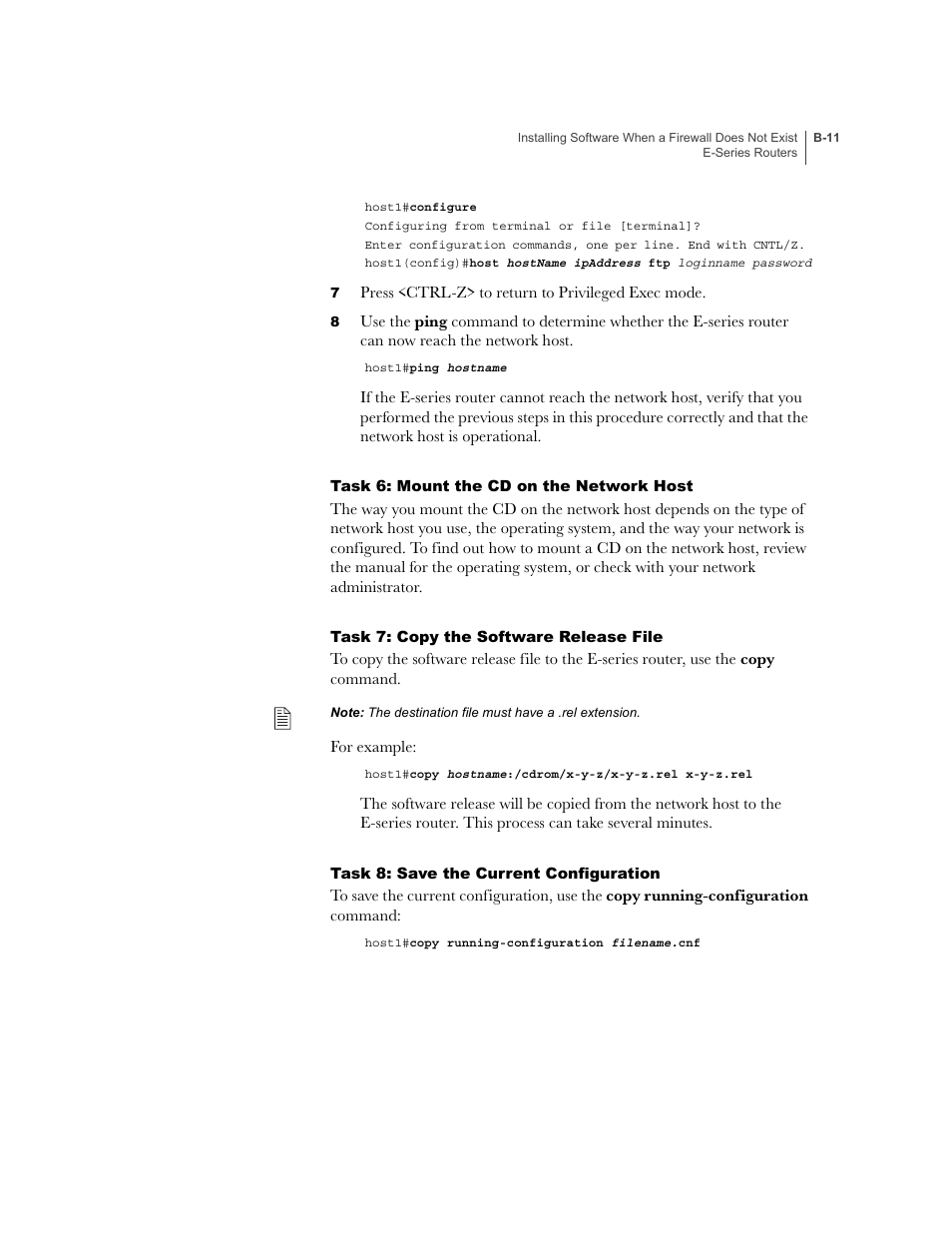 Task 6: mount the cd on the network host, Task 7: copy the software release file, Task 8: save the current configuration | Juniper Networks E-Series User Manual | Page 223 / 242