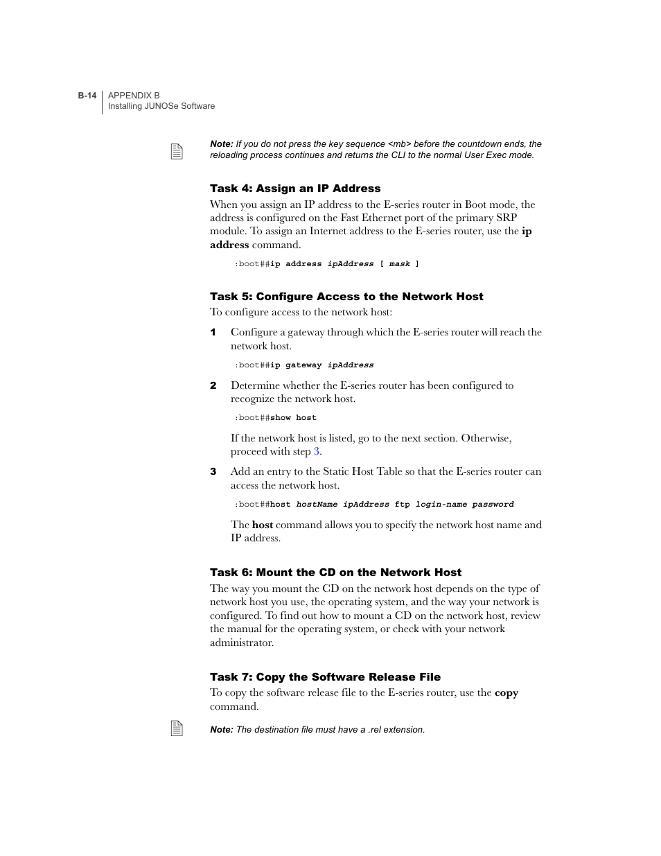 Task 4: assign an ip address, Task 5: configure access to the network host, Task 6: mount the cd on the network host | Task 7: copy the software release file | Juniper Networks E-Series User Manual | Page 226 / 242