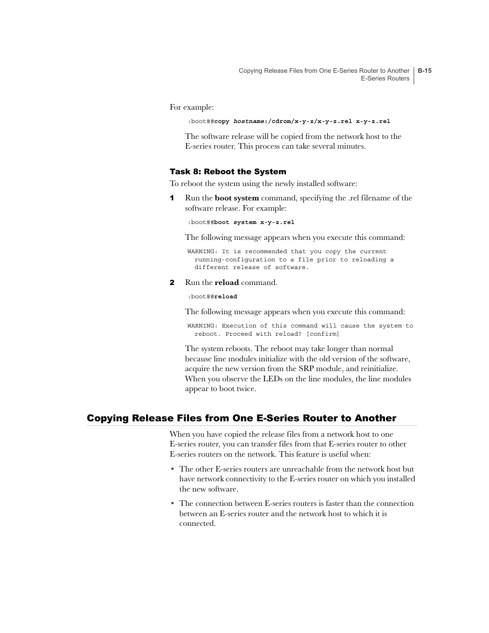 Task 8: reboot the system, B-15, Copying release | Files from one e-series router to another | Juniper Networks E-Series User Manual | Page 227 / 242
