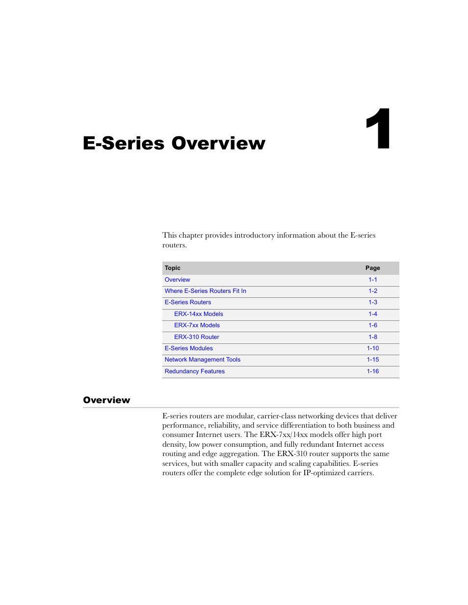 E-series overview, Overview, Chapter 1 | Overview -1 | Juniper Networks E-Series User Manual | Page 23 / 242