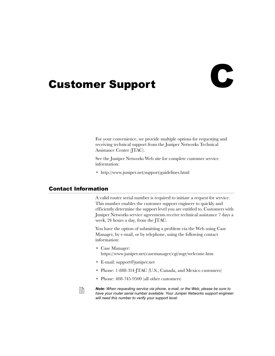 Customer support, Contact information, Appendix c | Juniper Networks E-Series User Manual | Page 231 / 242