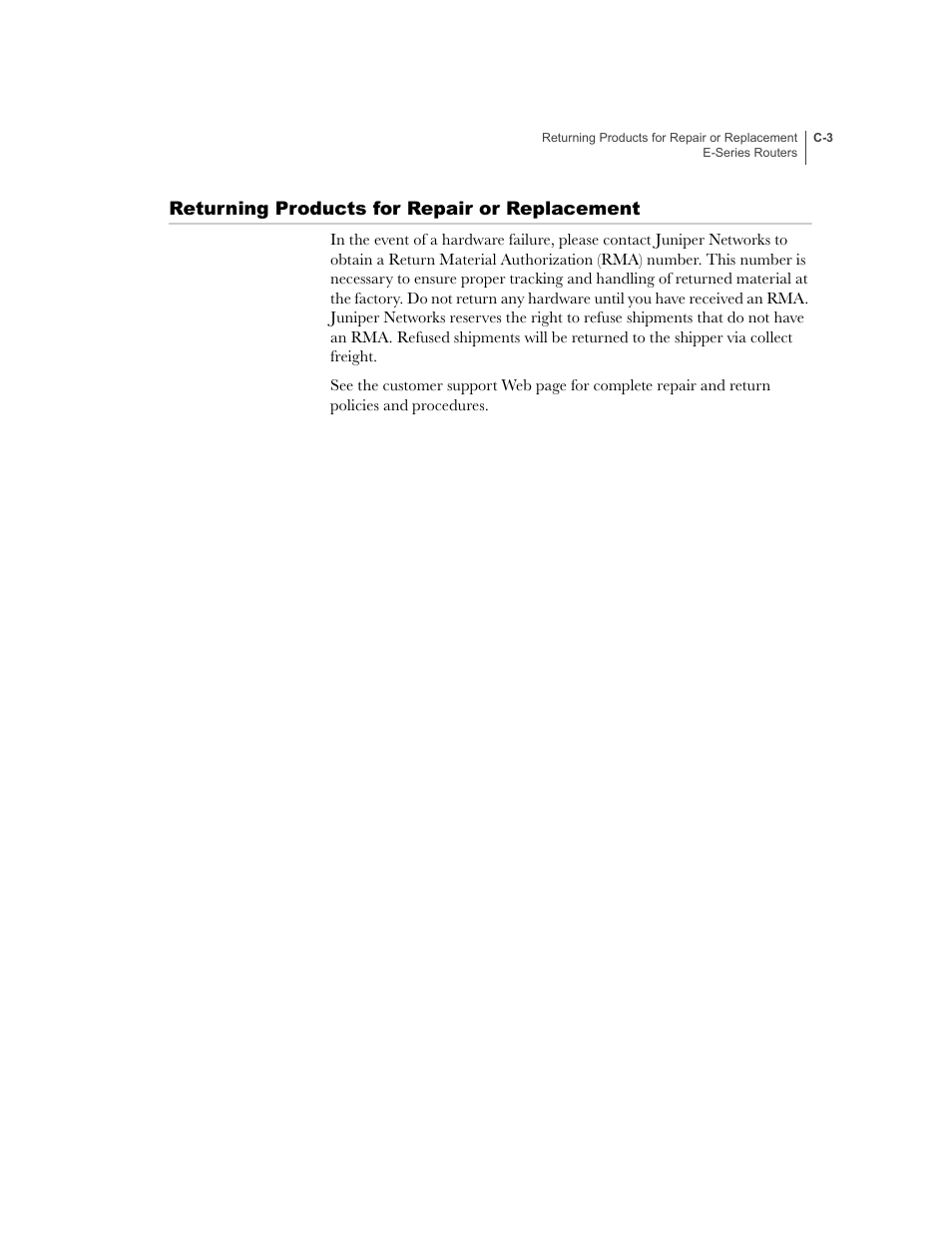 Returning products for repair or replacement | Juniper Networks E-Series User Manual | Page 233 / 242