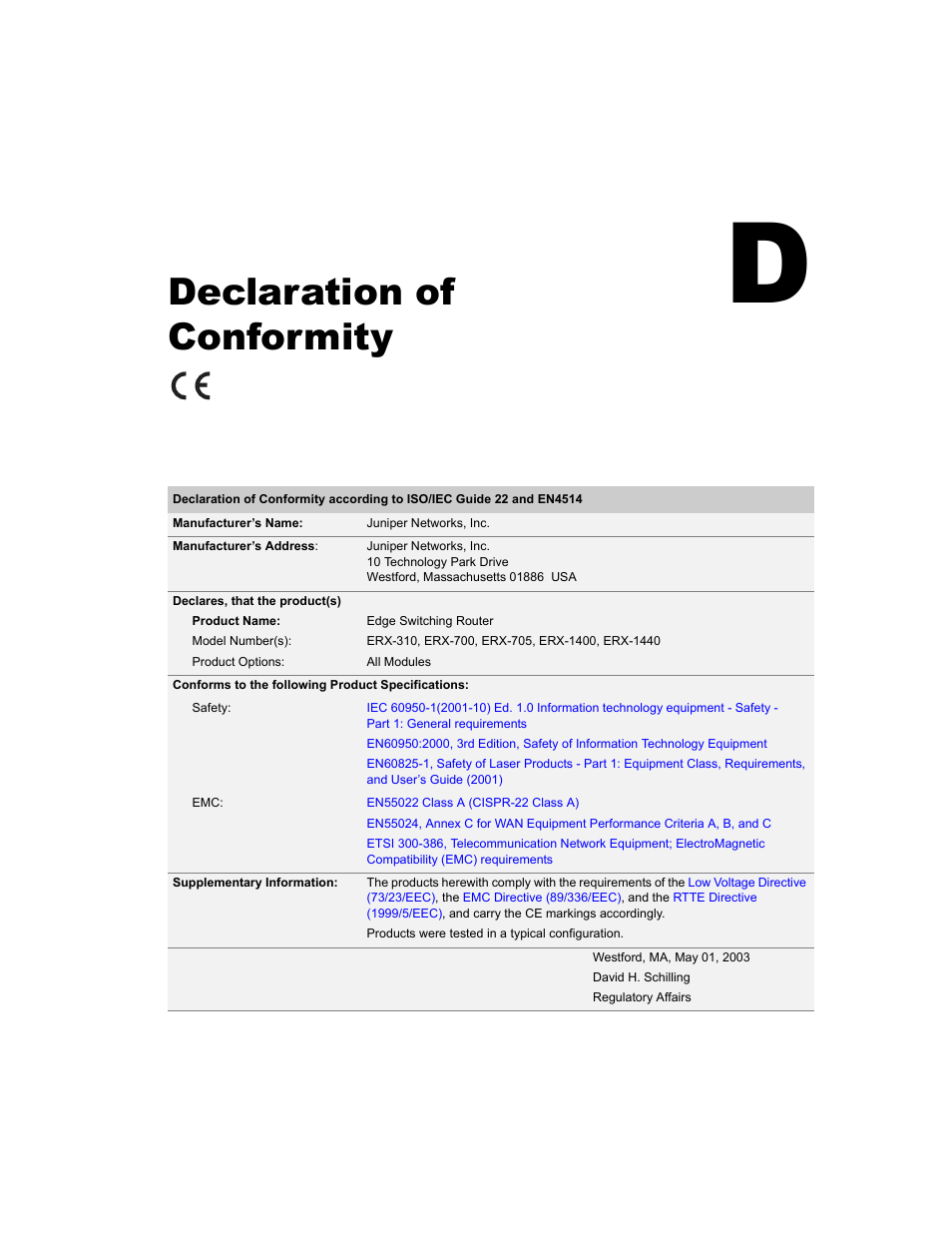 Declaration of conformity, Appendix d | Juniper Networks E-Series User Manual | Page 235 / 242