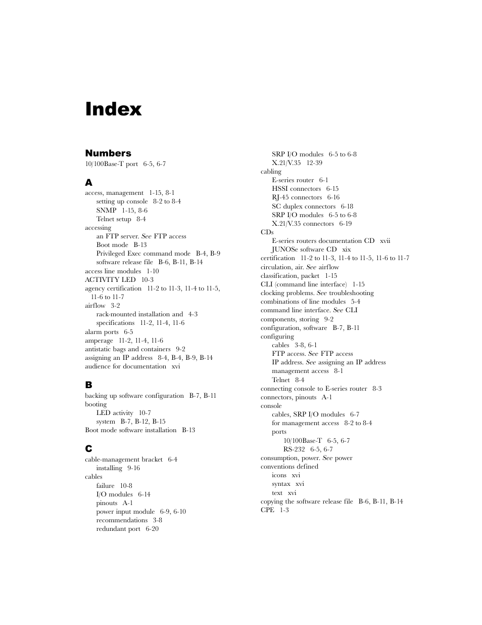 Index | Juniper Networks E-Series User Manual | Page 237 / 242