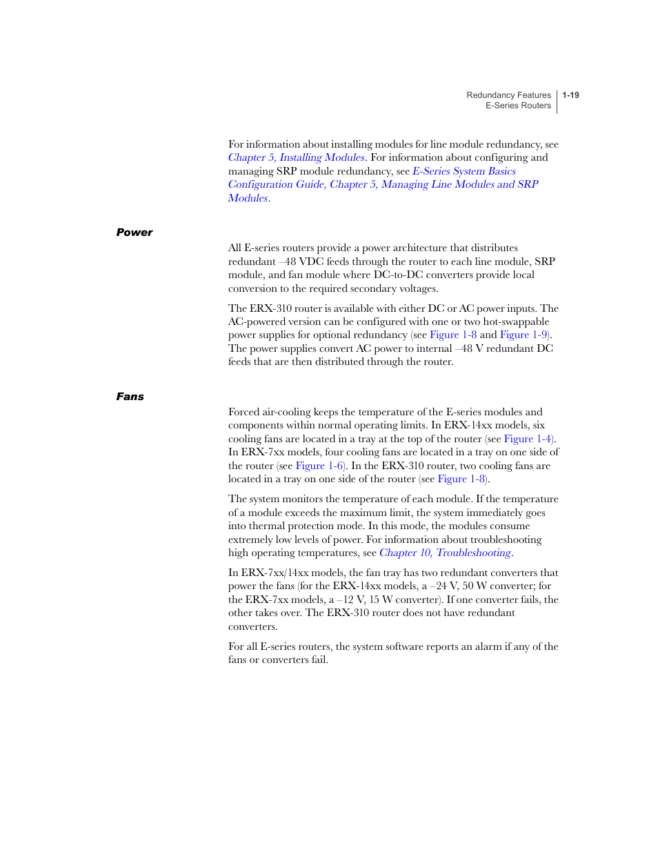 Power, Fans, Power -19 fans -19 | Juniper Networks E-Series User Manual | Page 41 / 242