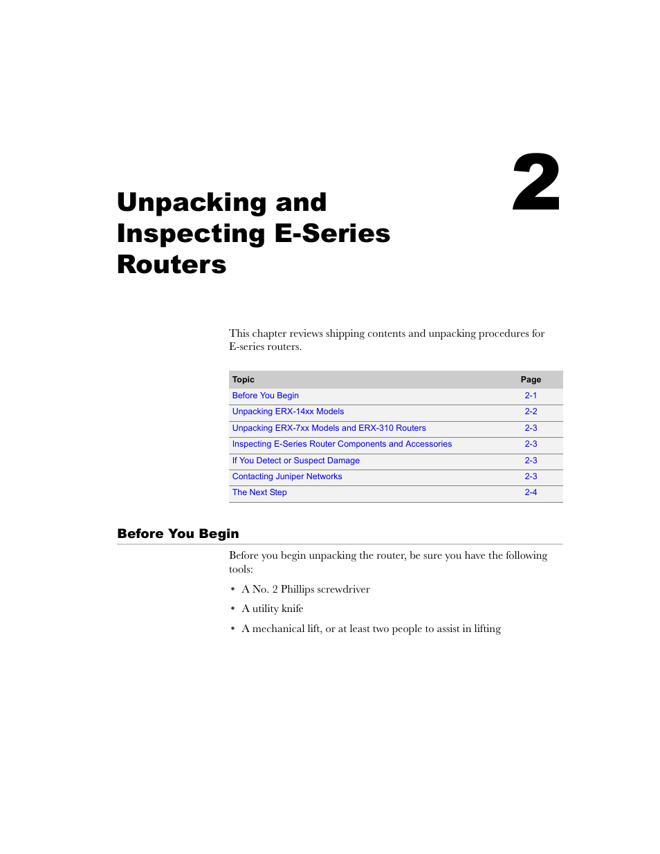 Unpacking and inspecting e-series routers, Before you begin, Chapter 2 | Before you begin -1 | Juniper Networks E-Series User Manual | Page 43 / 242