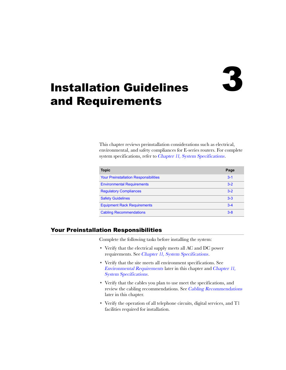 Installation guidelines and requirements, Your preinstallation responsibilities, Chapter 3 | Your preinstallation responsibilities -1 | Juniper Networks E-Series User Manual | Page 47 / 242