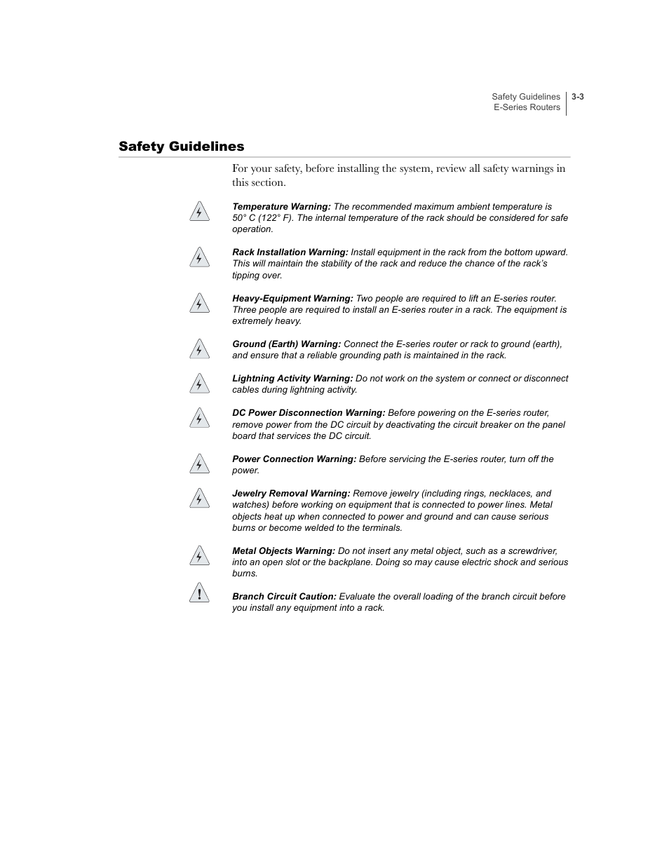 Safety guidelines, Safety guidelines -3 | Juniper Networks E-Series User Manual | Page 49 / 242