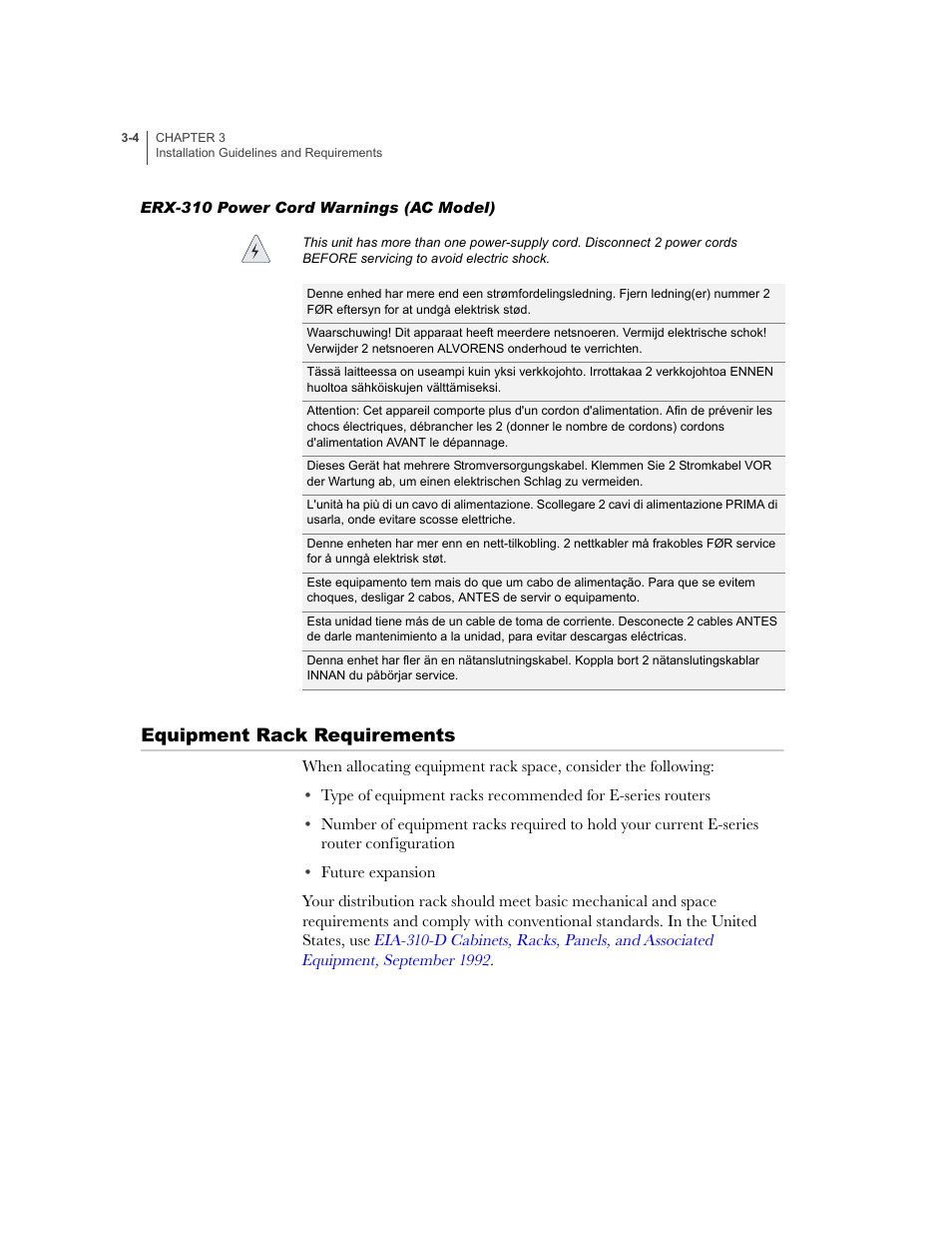 Erx-310 power cord warnings (ac model), Equipment rack requirements, Erx-310 power cord warnings (ac model) -4 | Equipment rack requirements -4 | Juniper Networks E-Series User Manual | Page 50 / 242