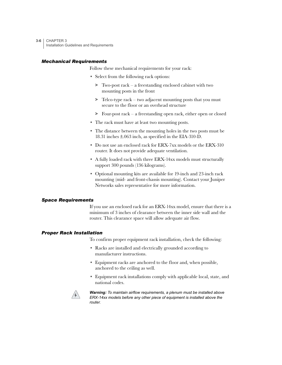 Mechanical requirements, Space requirements, Proper rack installation | Juniper Networks E-Series User Manual | Page 52 / 242