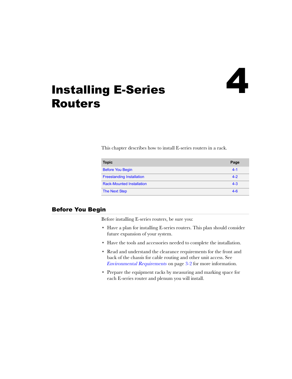 Installing e-series routers, Before you begin, Chapter 4 | Before you begin -1 | Juniper Networks E-Series User Manual | Page 55 / 242
