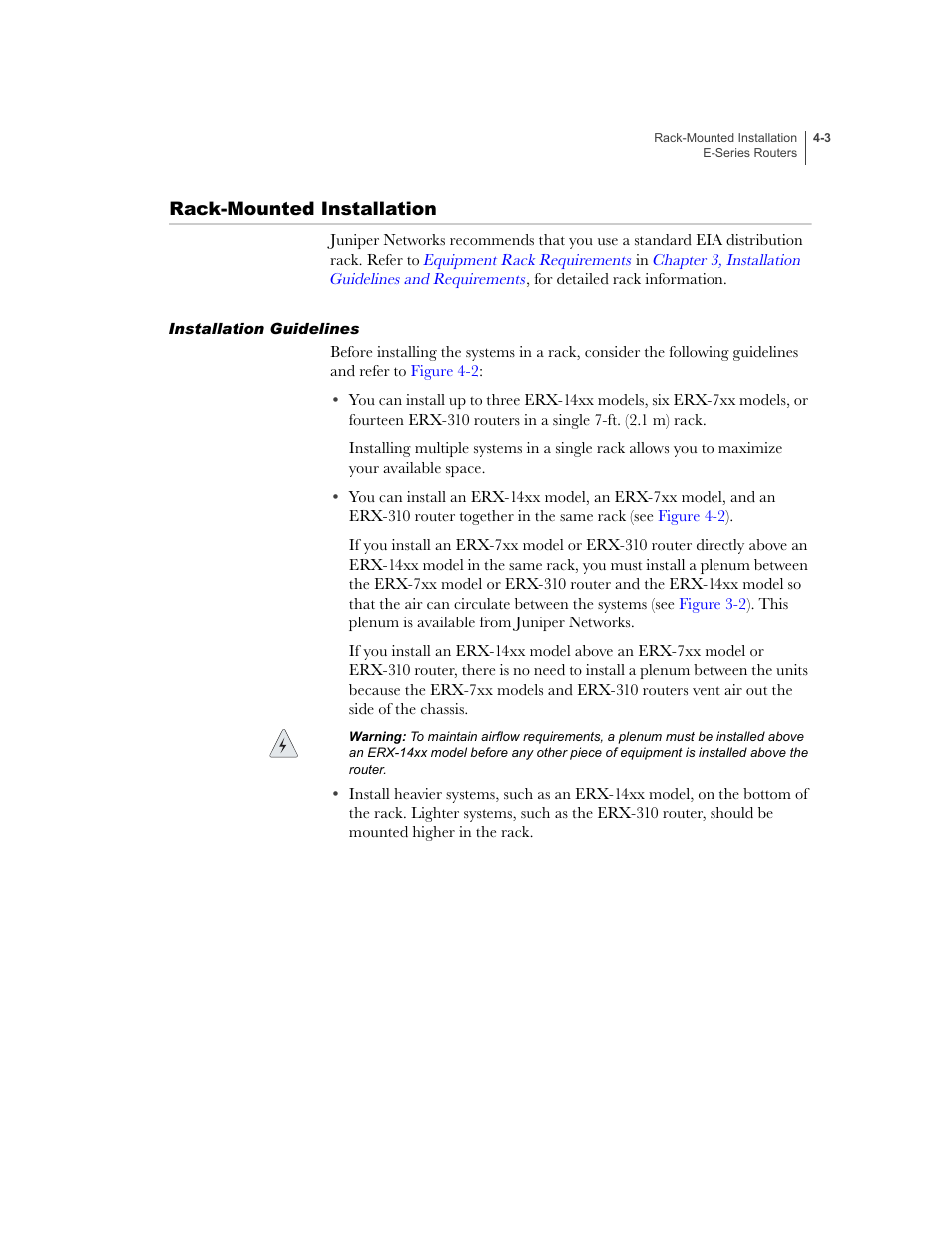 Rack-mounted installation, Installation guidelines, Rack-mounted installation -3 | Installation guidelines -3 | Juniper Networks E-Series User Manual | Page 57 / 242