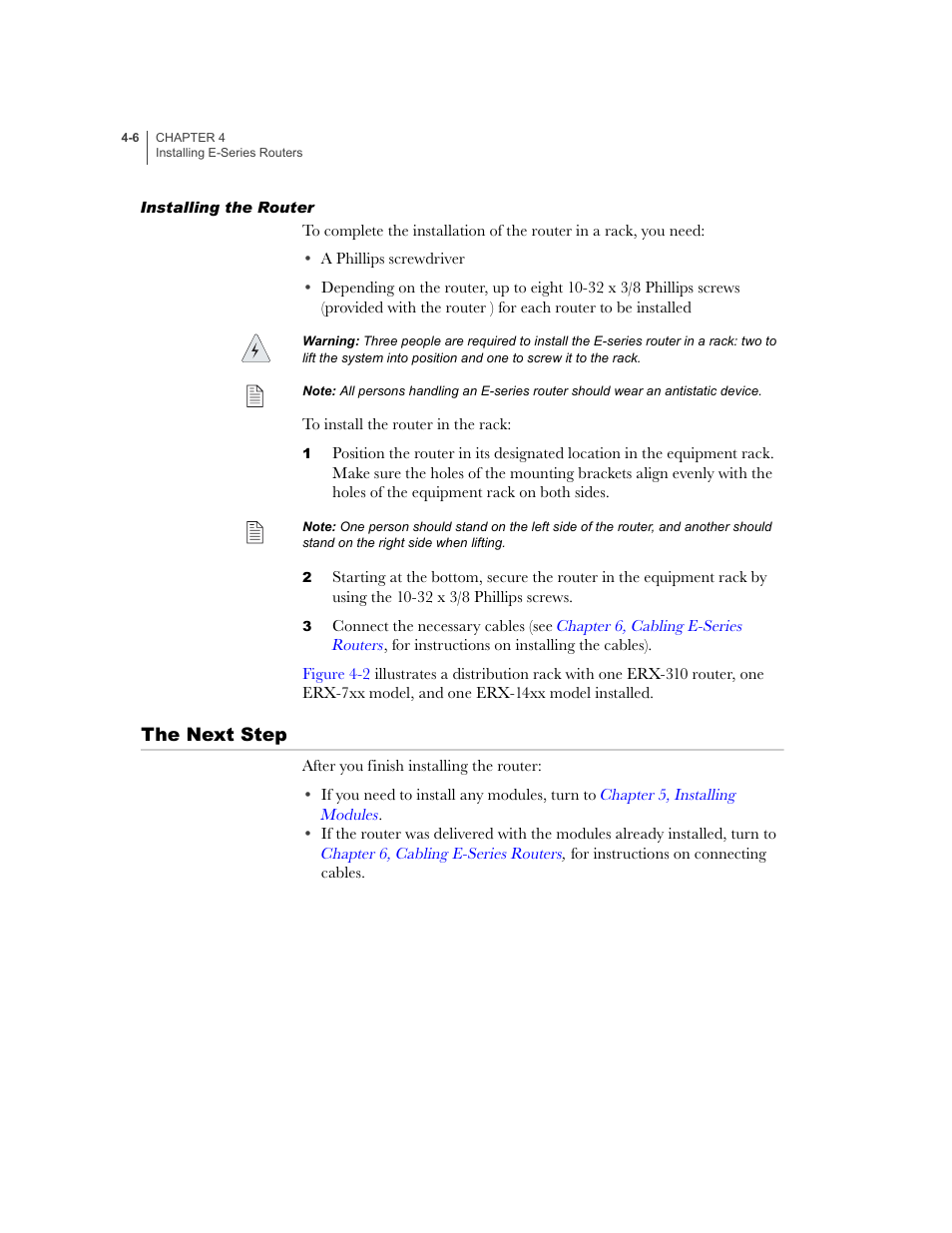 Installing the router, The next step, Installing the router -6 | The next step -6 | Juniper Networks E-Series User Manual | Page 60 / 242