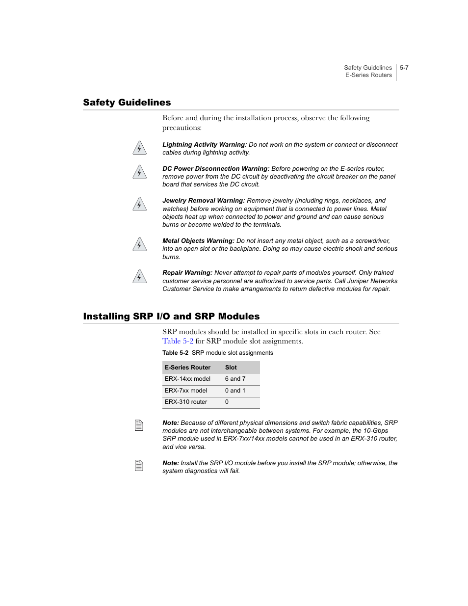 Safety guidelines, Installing srp i/o and srp modules | Juniper Networks E-Series User Manual | Page 67 / 242