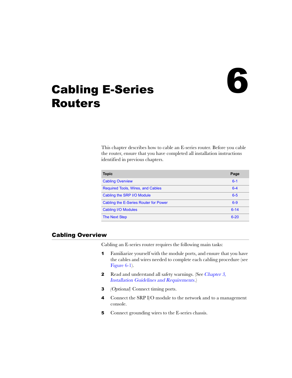 Cabling e-series routers, Cabling overview, Chapter 6 | Cabling overview -1, Chapter 6, cabling e-series routers, Chapter 6, cabling e-series, Routers, Chapter 6, cabling, E-series routers | Juniper Networks E-Series User Manual | Page 77 / 242