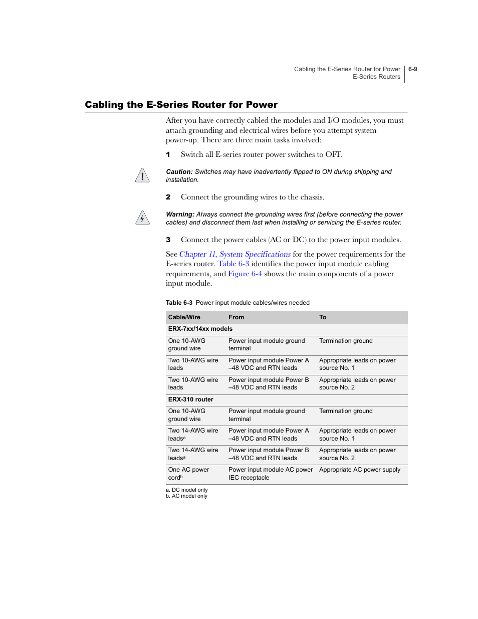 Cabling the e-series router for power, Cabling the e-series router for power -9 | Juniper Networks E-Series User Manual | Page 85 / 242