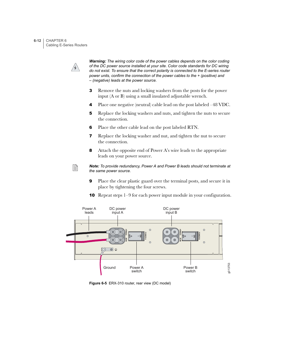 Figure 6-5, Place the other cable lead on the post labeled rtn | Juniper Networks E-Series User Manual | Page 88 / 242