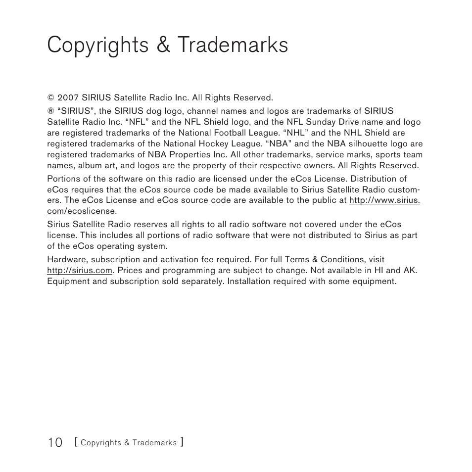 Copyrights & trademarks | Sirius Satellite Radio Satellite Radio Plug-n-Play AM/FM SV3 User Manual | Page 10 / 64