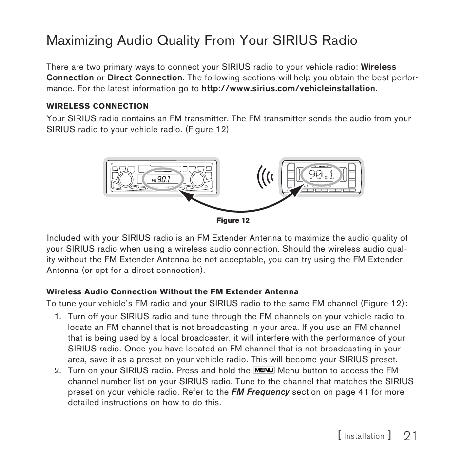 Maximizing audio quality from your sirius radio | Sirius Satellite Radio Satellite Radio Plug-n-Play AM/FM SV3 User Manual | Page 21 / 64