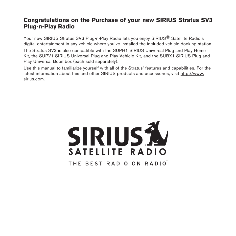 Sirius Satellite Radio Satellite Radio Plug-n-Play AM/FM SV3 User Manual | Page 3 / 64