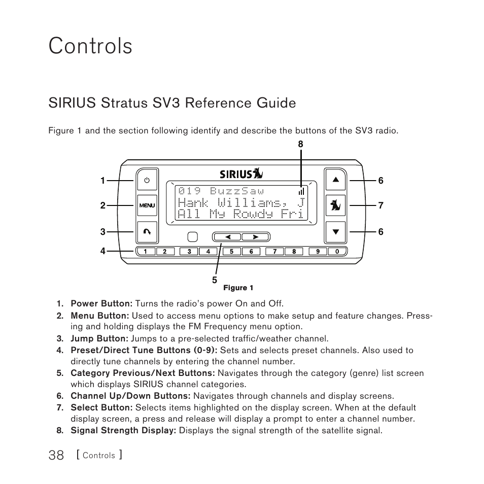 Controls, Sirius stratus sv3 reference guide | Sirius Satellite Radio Satellite Radio Plug-n-Play AM/FM SV3 User Manual | Page 38 / 64