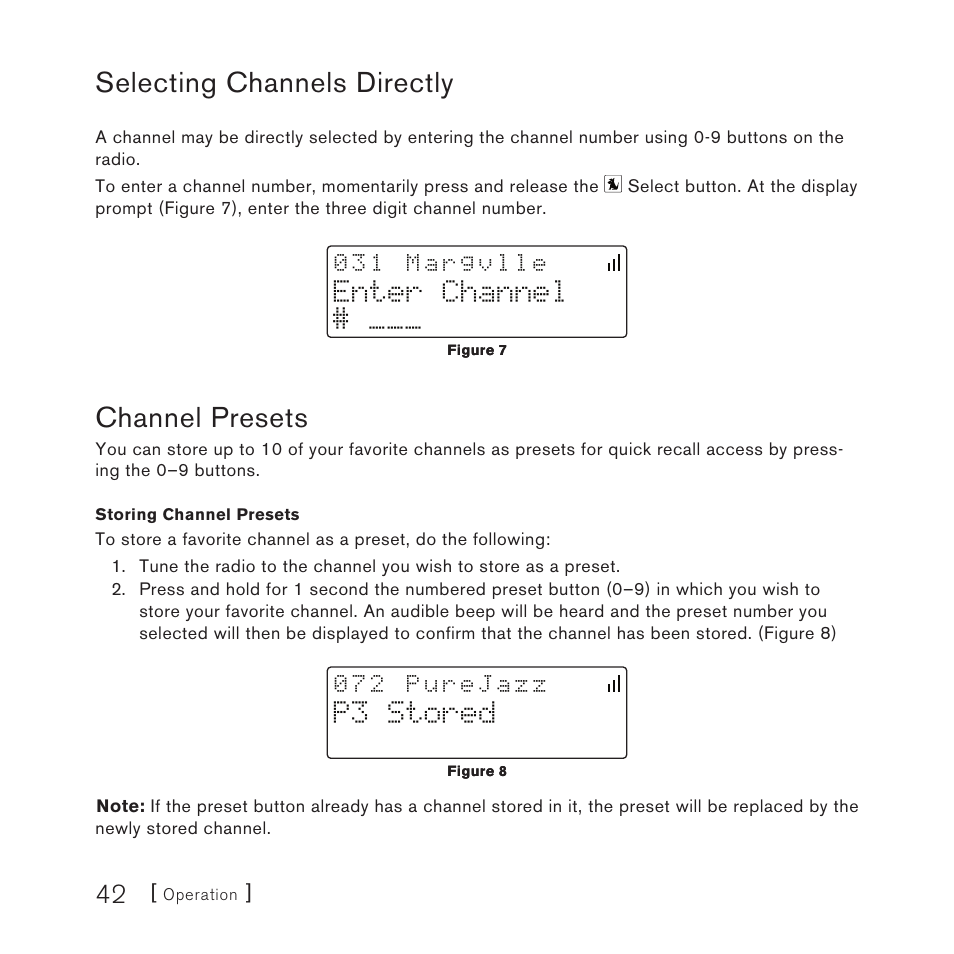 Selecting channels directly, Channel presets, Enter channel | P3 stored | Sirius Satellite Radio Satellite Radio Plug-n-Play AM/FM SV3 User Manual | Page 42 / 64