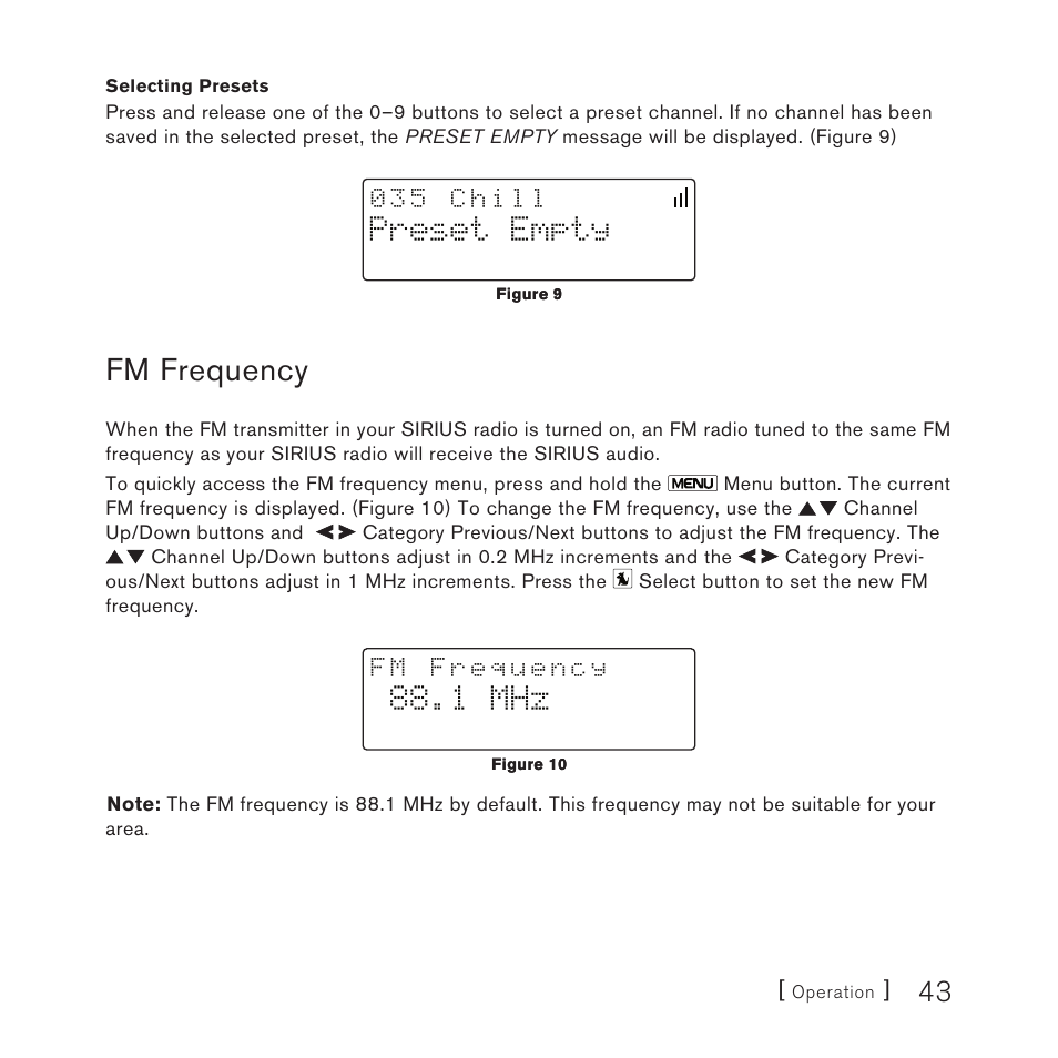 Fm frequency, Preset empty, 1 mhz | Sirius Satellite Radio Satellite Radio Plug-n-Play AM/FM SV3 User Manual | Page 43 / 64