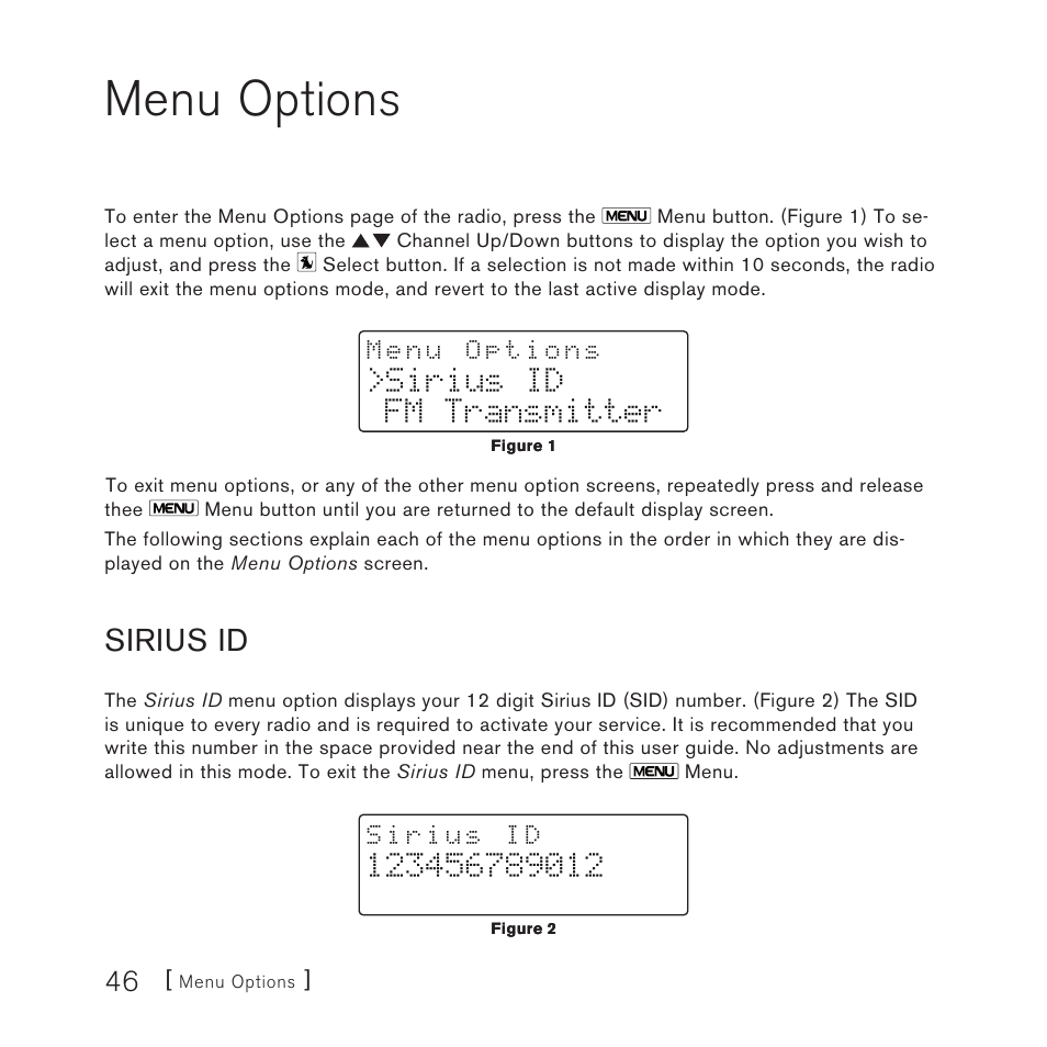 Menu options, Sirius id, Sirius id fm transmitter | Sirius Satellite Radio Satellite Radio Plug-n-Play AM/FM SV3 User Manual | Page 46 / 64