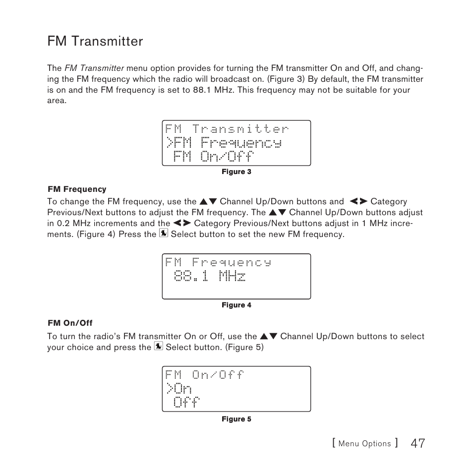 Fm transmitter, Fm frequency fm on/off, 1 mhz | On off | Sirius Satellite Radio Satellite Radio Plug-n-Play AM/FM SV3 User Manual | Page 47 / 64